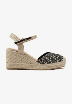Czarne Sandały w Stylu Espadryli z Plecionym Noskiem i Koturnem Sargia