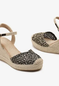 Czarne Sandały w Stylu Espadryli z Plecionym Noskiem i Koturnem Sargia