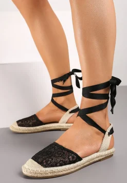 Czarne Sandały Wiązane Wokół Kostki w Stylu Espadryli Effirie