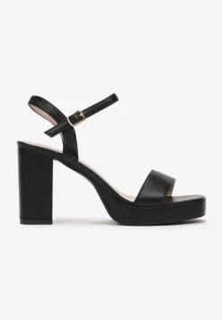 Czarne Sandały z Kwadratowym Noskiem na Słupku i Platformie Raysa