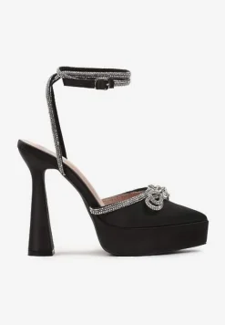 Czarne Sandały z Ozdobną Kokardą i Cyrkoniami na Platformie i Klepsydrowym Obcasie Wernia