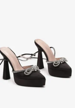 Czarne Sandały z Ozdobną Kokardą i Cyrkoniami na Platformie i Klepsydrowym Obcasie Wernia