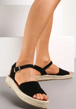 Czarne Sandały z Plecioną Podeszwą i Zapięciem Wokół Kostki Lornia