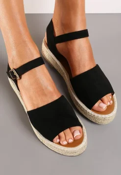 Czarne Sandały z Plecioną Podeszwą i Zapięciem Wokół Kostki Lornia