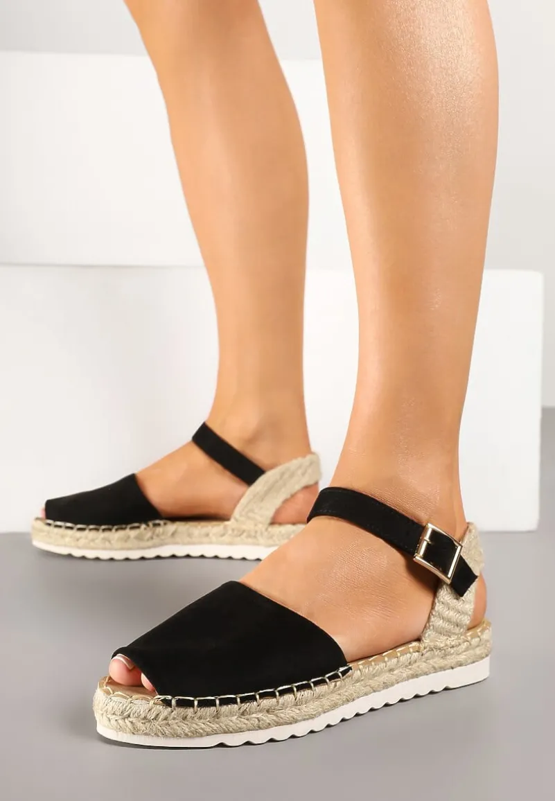 Czarne Sandały z Plecionką w Typie Espadryli Oklerra