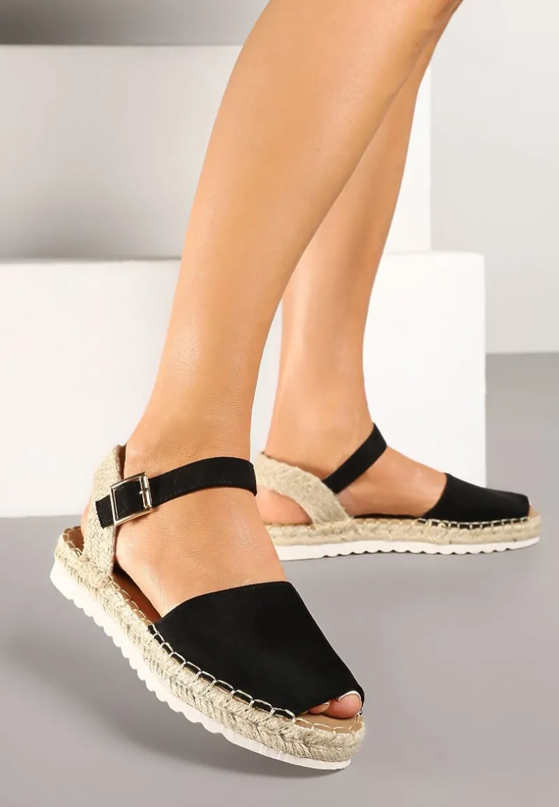 Czarne Sandały z Plecionką w Typie Espadryli Oklerra