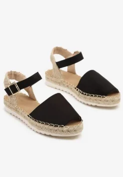Czarne Sandały z Plecionką w Typie Espadryli Oklerra