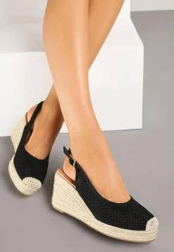 Czarne Sandały z Siateczkową Cholewką na Plecionym Koturnie Vonevia