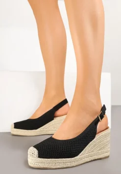 Czarne Sandały z Siateczkową Cholewką na Plecionym Koturnie Vonevia