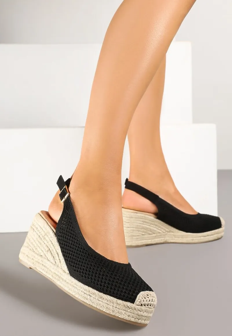 Czarne Sandały z Siateczkową Cholewką na Plecionym Koturnie Vonevia