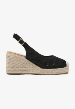 Czarne Sandały z Siateczkową Cholewką na Plecionym Koturnie Vonevia
