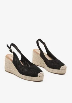 Czarne Sandały z Siateczkową Cholewką na Plecionym Koturnie Vonevia