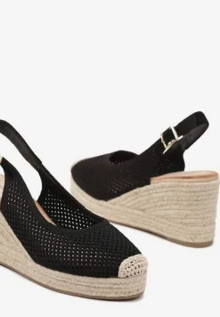 Czarne Sandały z Siateczkową Cholewką na Plecionym Koturnie Vonevia