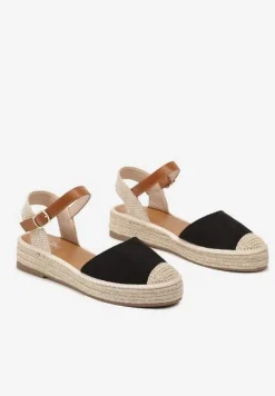 Czarne Sandały z Zapięciem wokół Kostki na Plecionej Podeszwie z Juty Berseria