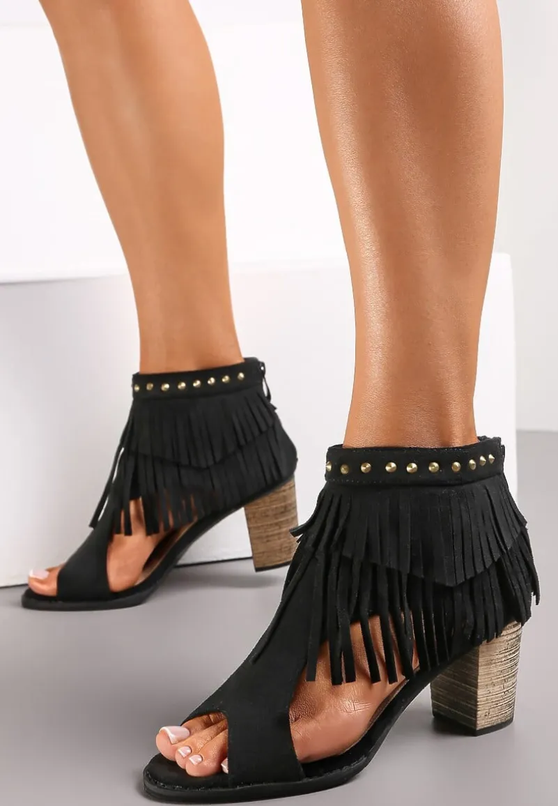 Czarne Sandały za Kostkę z Frędzlami i Ćwiekami Inayat