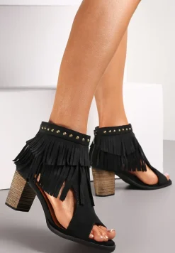 Czarne Sandały za Kostkę z Frędzlami i Ćwiekami Inayat