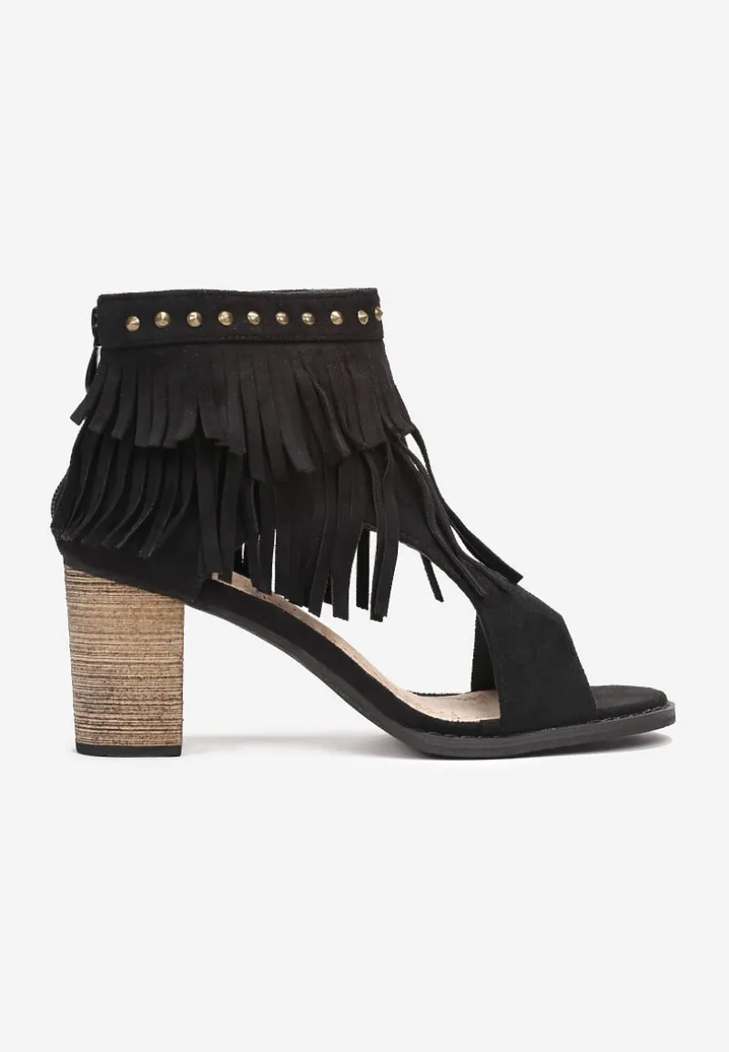 Czarne Sandały za Kostkę z Frędzlami i Ćwiekami Inayat