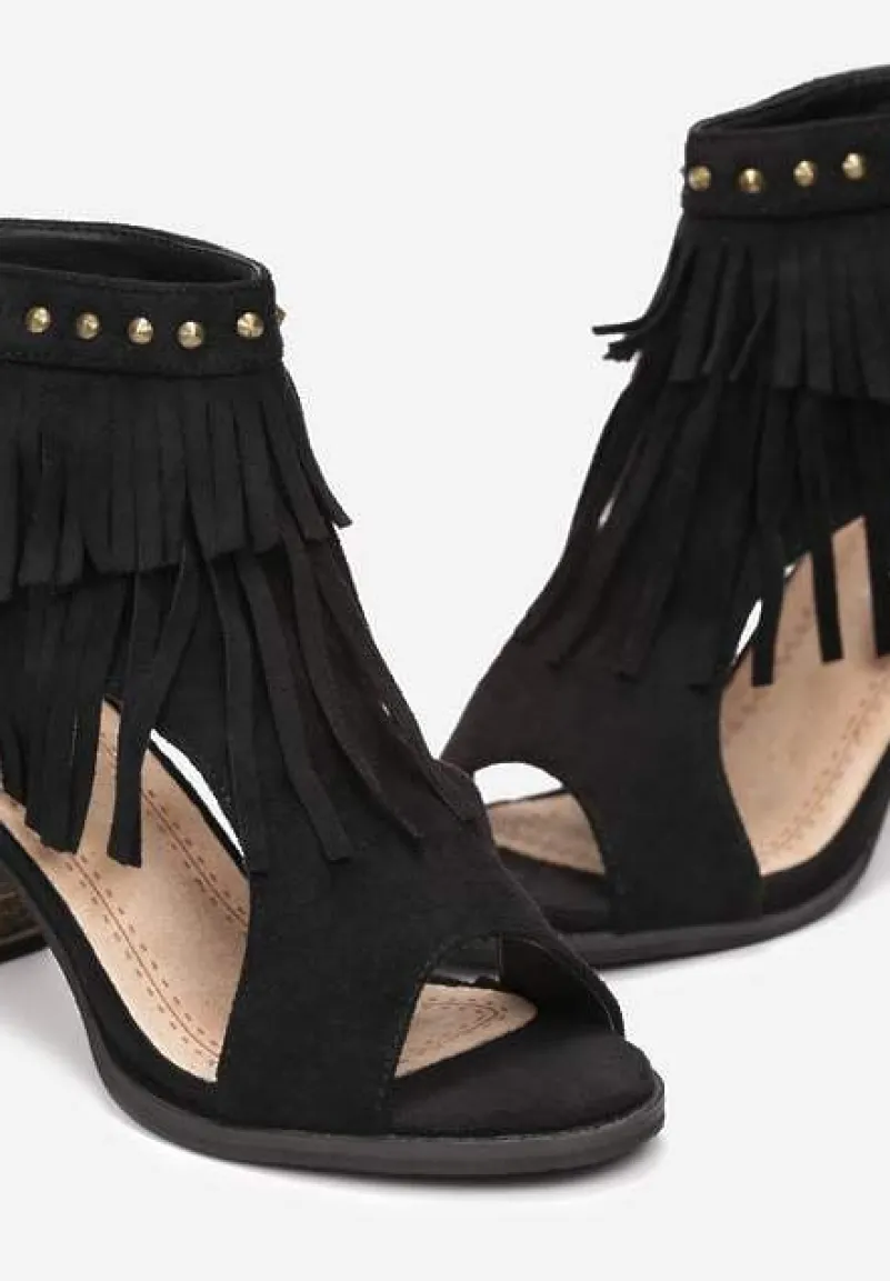 Czarne Sandały za Kostkę z Frędzlami i Ćwiekami Inayat