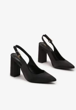 Czarne Satynowe Czółenka na Słupku ze Szpiczastym Noskiem Ingrila