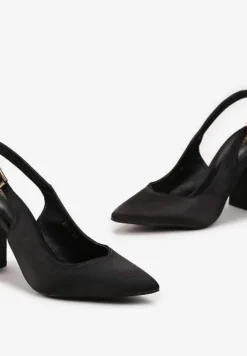 Czarne Satynowe Czółenka na Słupku ze Szpiczastym Noskiem Ingrila