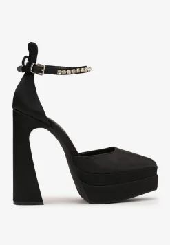 Czarne Satynowe Czółenka na Słupku i Platformie Darlo