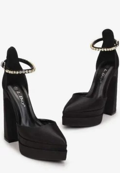 Czarne Satynowe Czółenka na Słupku i Platformie Darlo