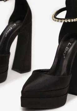 Czarne Satynowe Czółenka na Słupku i Platformie Darlo