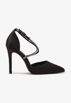 Czarne Satynowe Szpilki Ozdobione Cyrkoniami na Cienkich Paskach Wynstelle