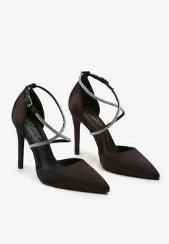 Czarne Satynowe Szpilki Ozdobione Cyrkoniami na Cienkich Paskach Wynstelle