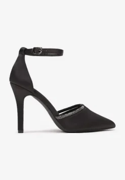 Czarne Satynowe Szpilki Vices z Wkładką ze Skóry Naturalnej i Ozdobnym Cyrkoniowym Paskiem Lizzeth