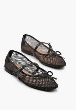 Czarne Siateczkowe Balerinki Vices z Paskiem z Klamrą i Ozdobną Kokardką Niladiela