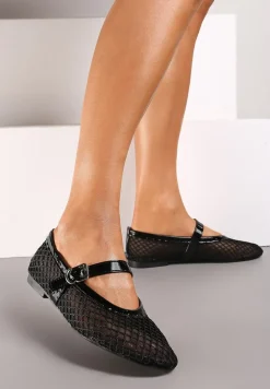 Czarne Siateczkowe Balerinki na Płaskiej Podeszwie w Stylu Mary Jane Evelenna