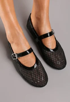Czarne Siateczkowe Balerinki na Płaskiej Podeszwie w Stylu Mary Jane Evelenna