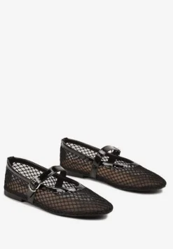 Czarne Siateczkowe Balerinki na Płaskiej Podeszwie w Stylu Mary Jane Evelenna