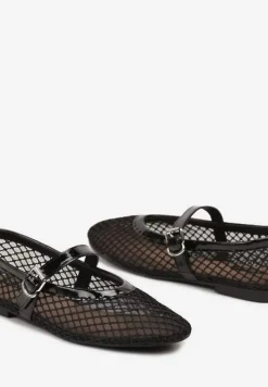 Czarne Siateczkowe Balerinki na Płaskiej Podeszwie w Stylu Mary Jane Evelenna