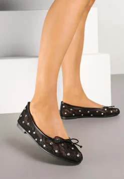 Czarne Siateczkowe Balerinki na Płaskiej Podeszwie z Cyrkoniami i Koronką Froresi