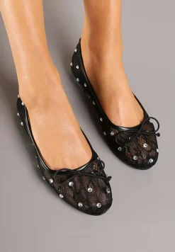 Czarne Siateczkowe Balerinki na Płaskiej Podeszwie z Cyrkoniami i Koronką Froresi