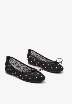 Czarne Siateczkowe Balerinki na Płaskiej Podeszwie z Cyrkoniami i Koronką Froresi