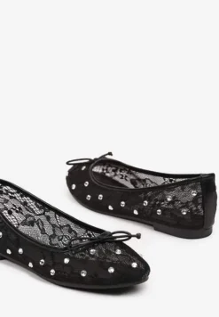 Czarne Siateczkowe Balerinki na Płaskiej Podeszwie z Cyrkoniami i Koronką Froresi