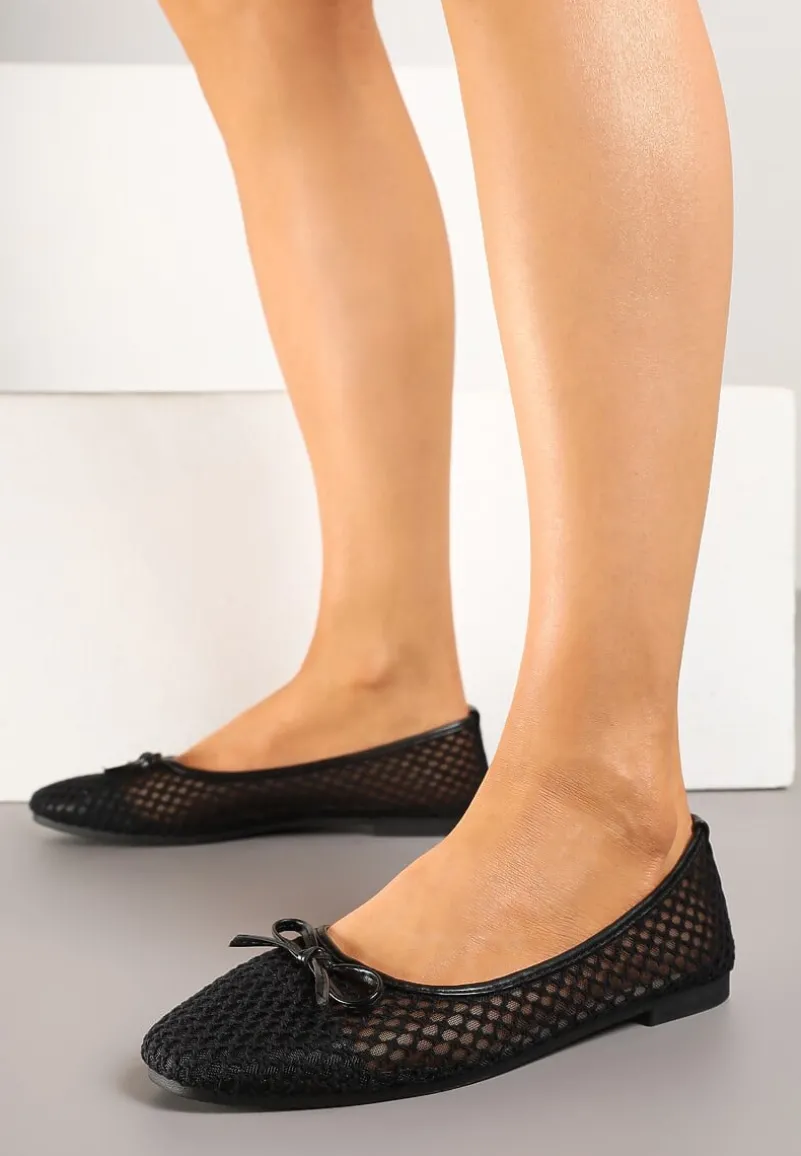 Czarne Siateczkowe Balerinki z Ozdobną Kokardką Nairisola