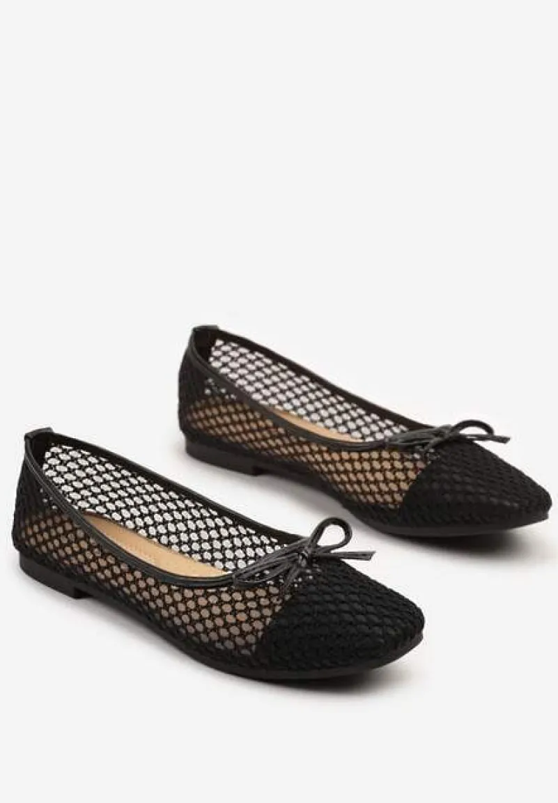 Czarne Siateczkowe Balerinki z Ozdobną Kokardką Nairisola