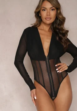 Czarne Siateczkowe Body z Głębokim Dekoltem w Stylu Gorsetowym Pigia