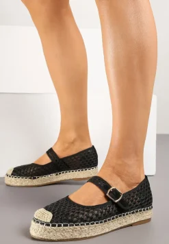 Czarne Siateczkowe Espadryle na Podeszwie z Juty Zapinane na Sprzączkę Geniffia