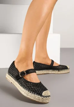 Czarne Siateczkowe Espadryle na Podeszwie z Juty Zapinane na Sprzączkę Geniffia