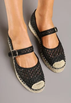 Czarne Siateczkowe Espadryle na Podeszwie z Juty Zapinane na Sprzączkę Geniffia