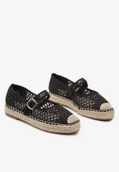 Czarne Siateczkowe Espadryle na Podeszwie z Juty Zapinane na Sprzączkę Geniffia