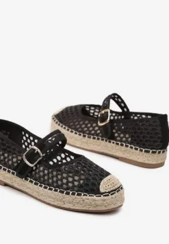 Czarne Siateczkowe Espadryle na Podeszwie z Juty Zapinane na Sprzączkę Geniffia