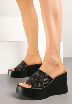 Czarne Siateczkowe Klapki na Koturnie Zdobione Cyrkoniami Kinezalia