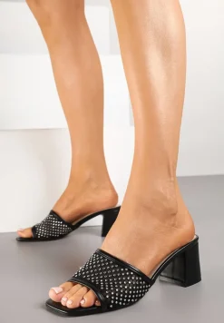 Czarne Siateczkowe Klapki na Słupku Ozdobione Cyrkoniami Senadrela