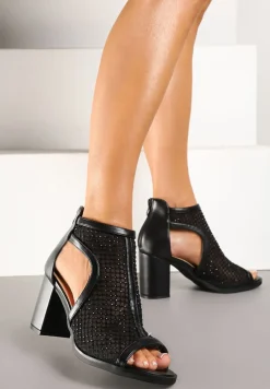Czarne Siateczkowe Sandały Stylizowane na Botki na Obcasie z Cyrkoniami Senarila